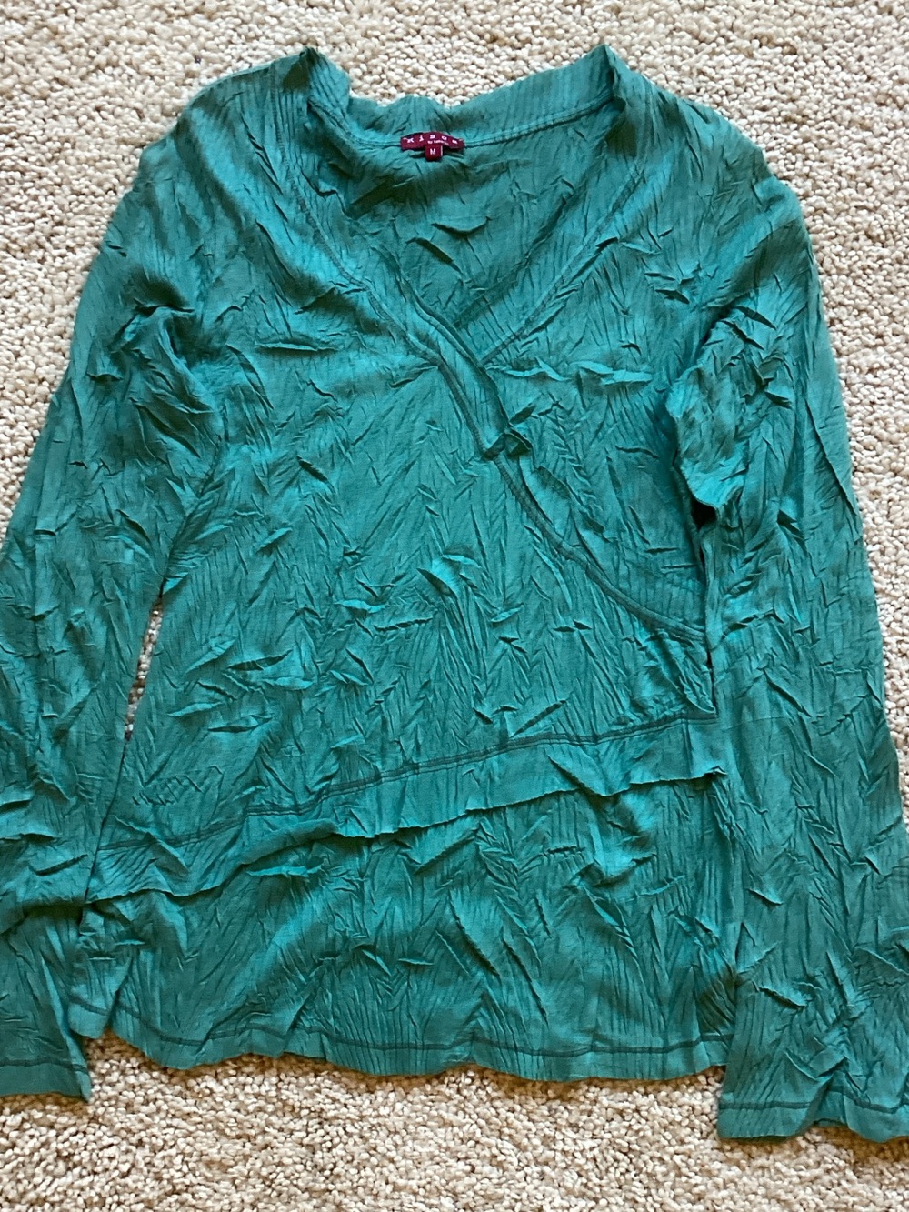 Komarov Teal Crinkle V-Neck Long Sleeve Top - Deep Teal